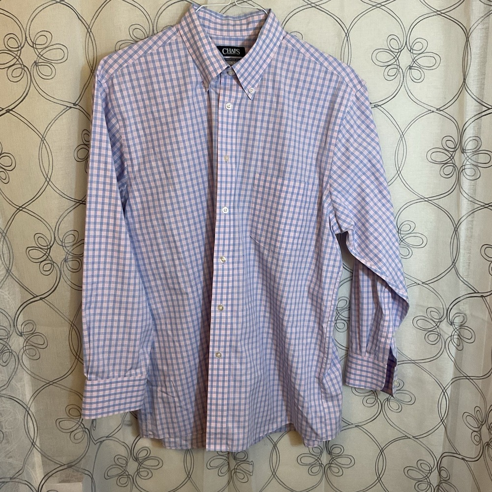 Men's Chaps‎ Pink And Blue Check Button Up Long Sleeve Size Large 32/33
